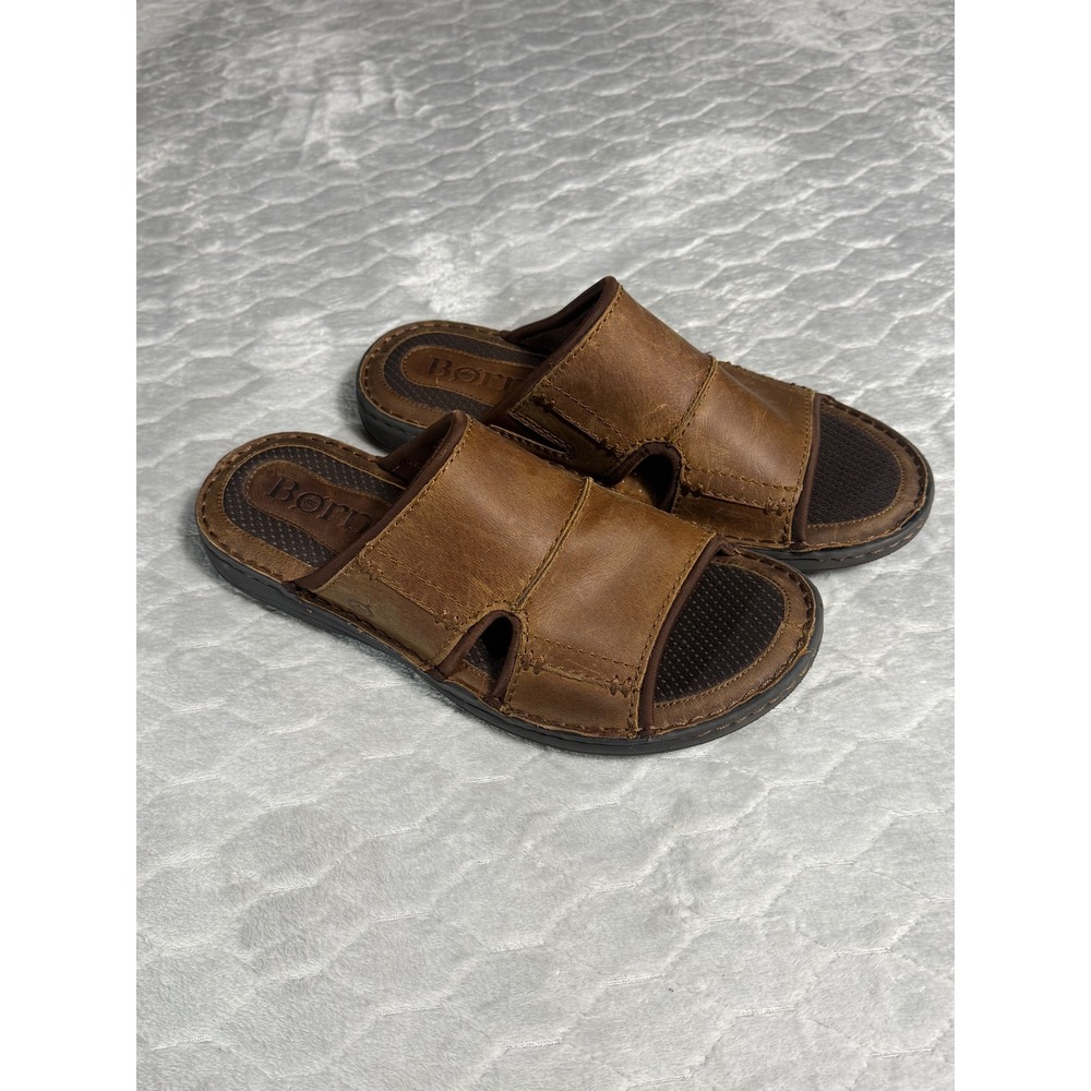 Born Mens Brown Leather Slide Sandals Comfort Casual Open Toe Slides size 11